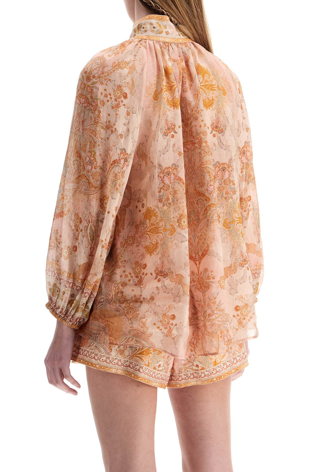 cream and pink high neck paisley blouse in rayon with long sleeves-2