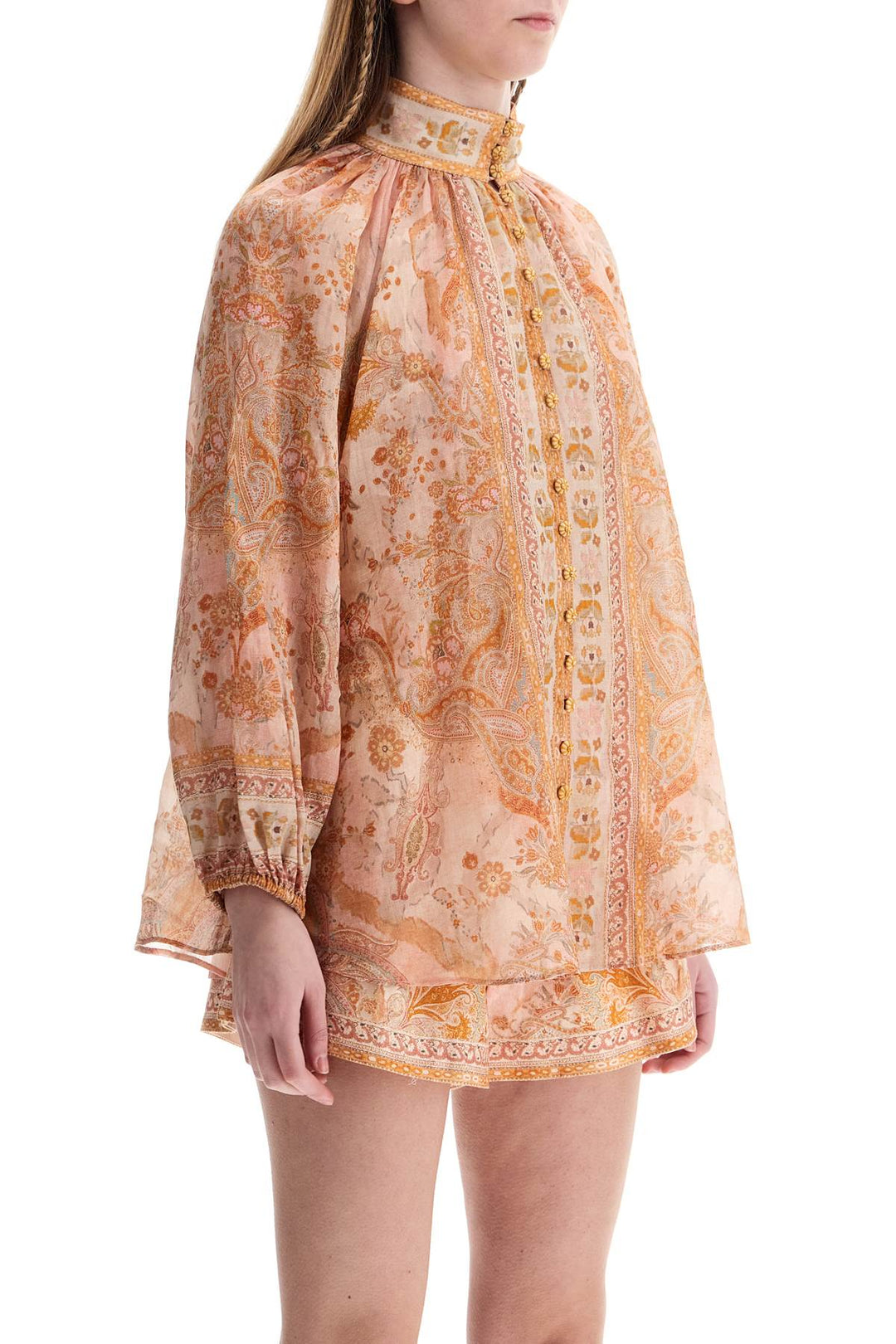 cream and pink high neck paisley blouse in rayon with long sleeves-1