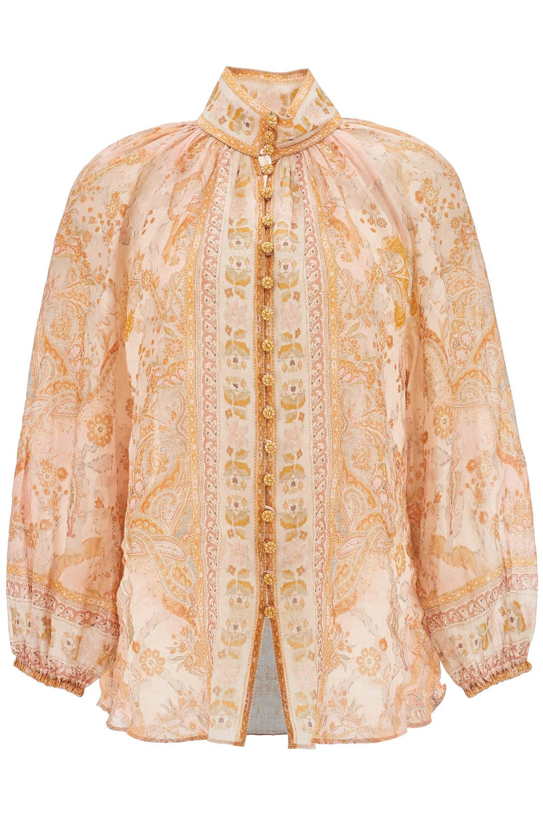 cream and pink high neck paisley blouse in rayon with long sleeves-0