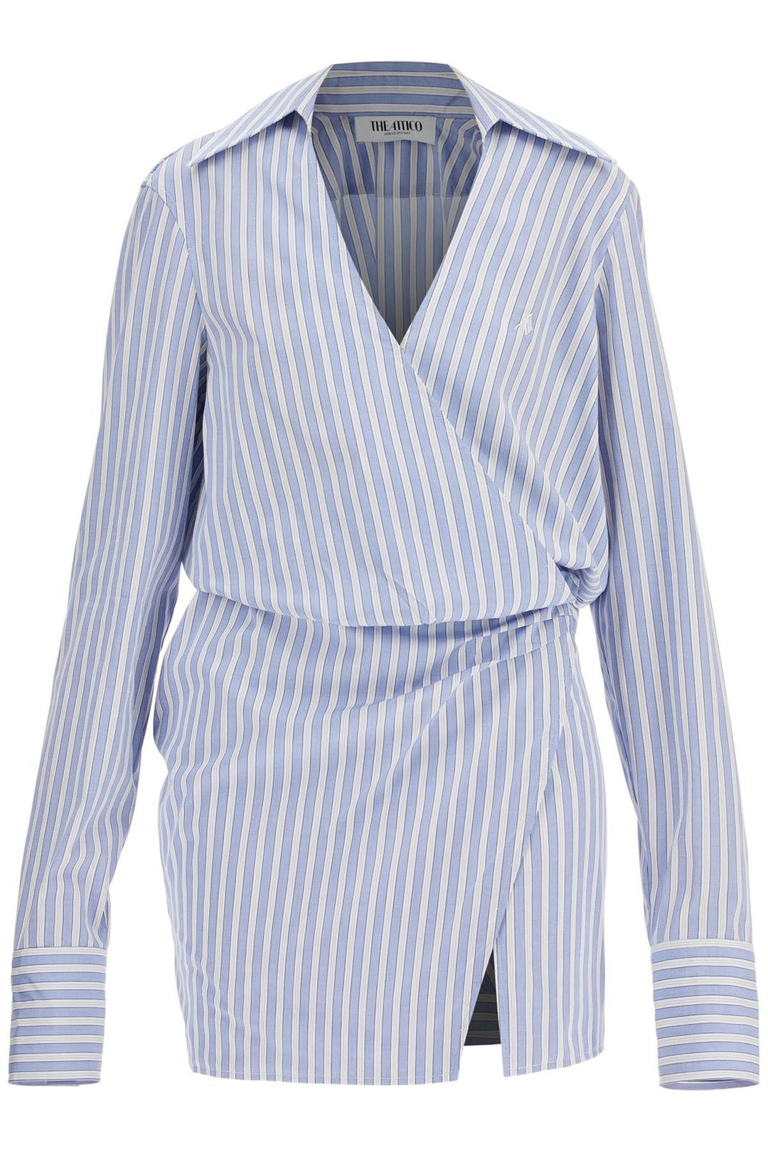 mini striped dress with v-neck, long sleeves, white and navy blue cotton, tied waist-0