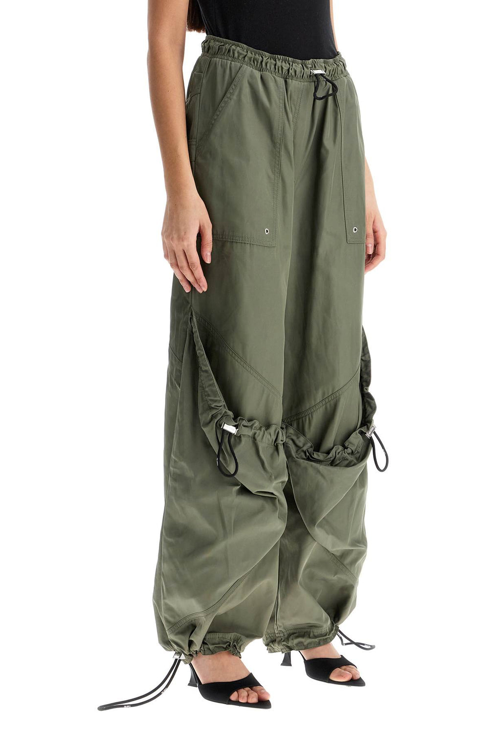 wide leg high-waisted pants with adjustable elastic in military green-1