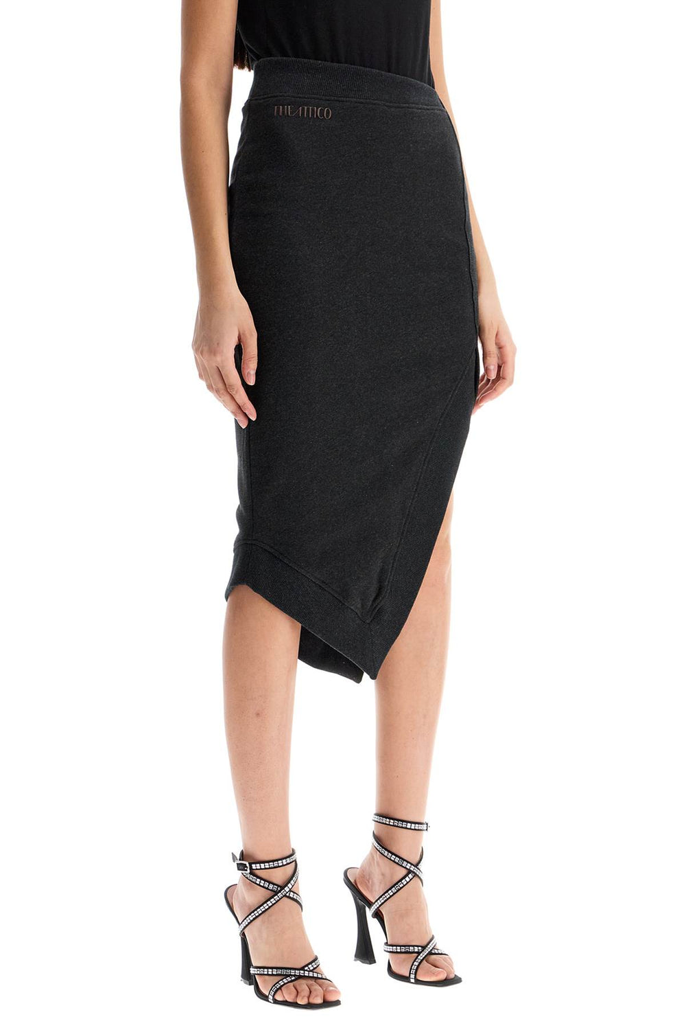 high-waisted asymmetrical midi skirt in faded black cotton-1