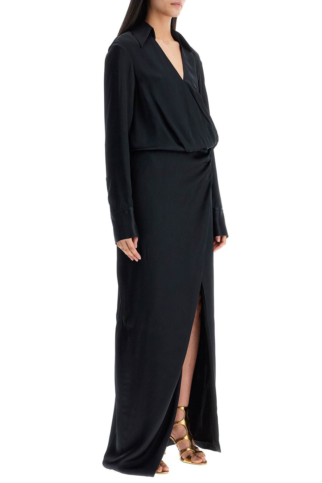 black long sleeve midi dress with side slit-1