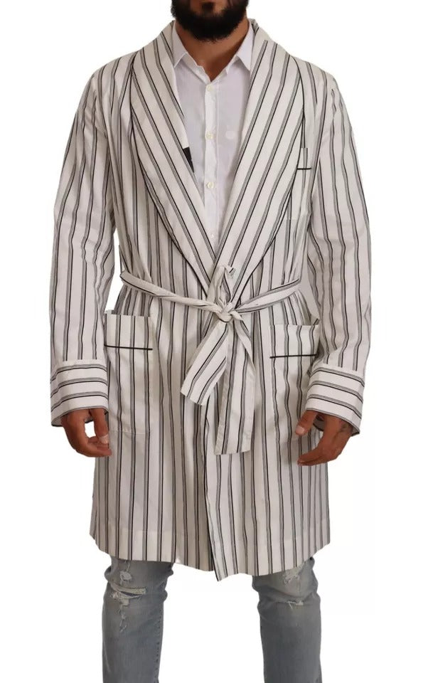 White Striped Cotton Robe Coat Wrap Jacket