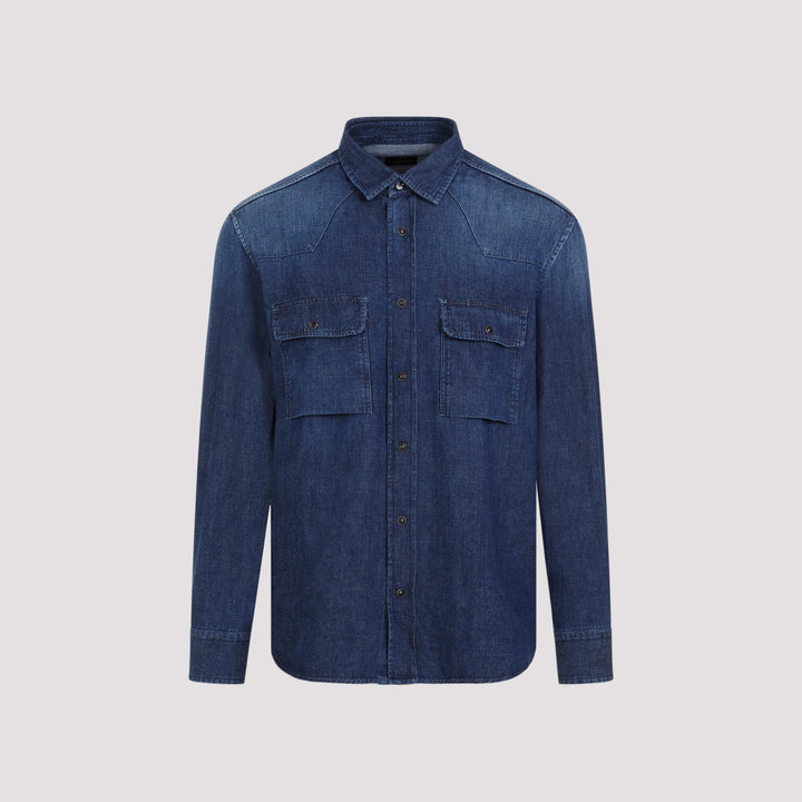 Petroleum Bleu Cotton Western Shirt-0