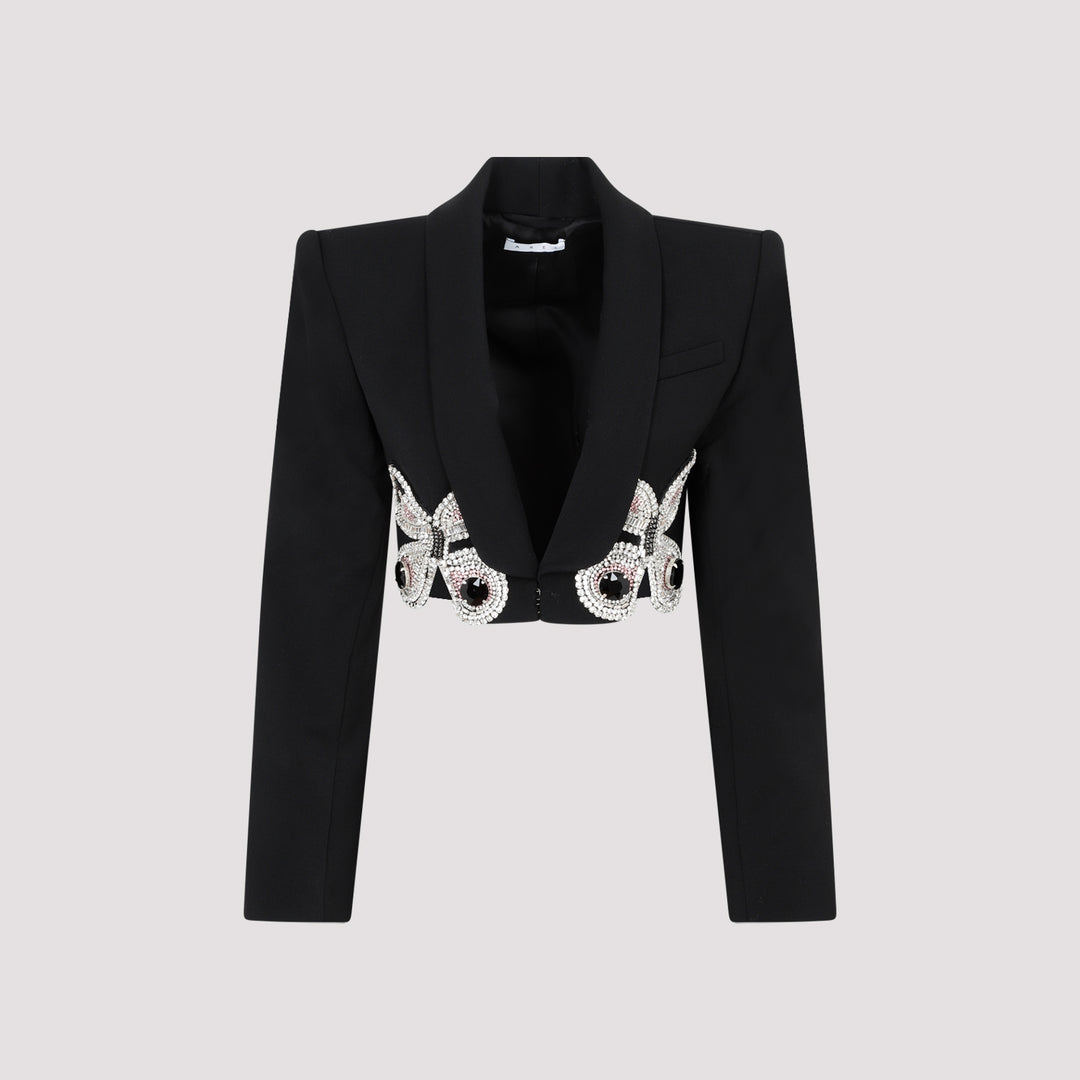 Black Wool Embroidered Butterfly Cropped Blazer-0