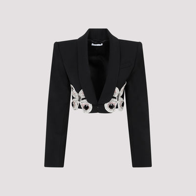 Black Wool Embroidered Butterfly Cropped Blazer-0