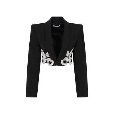 Black Wool Embroidered Butterfly Cropped Blazer-1