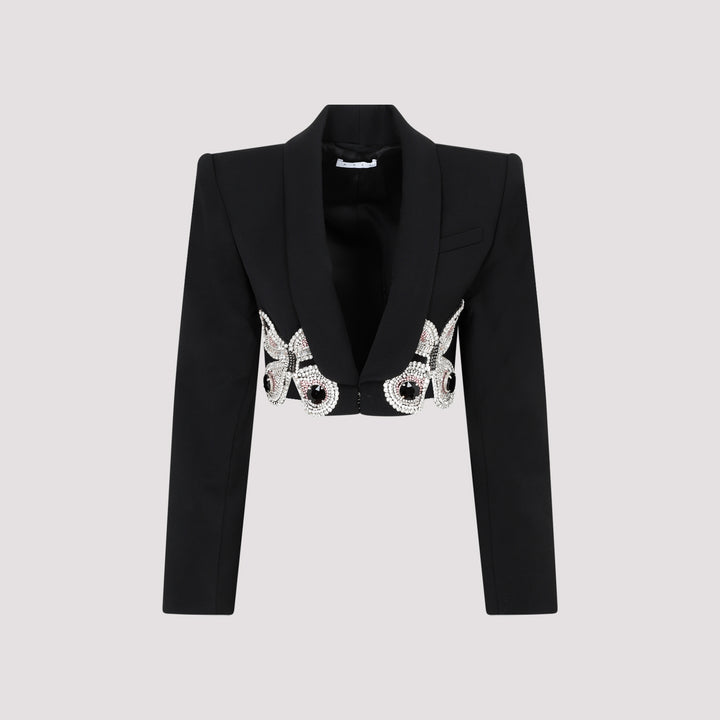 Black Wool Embroidered Butterfly Cropped Blazer-2