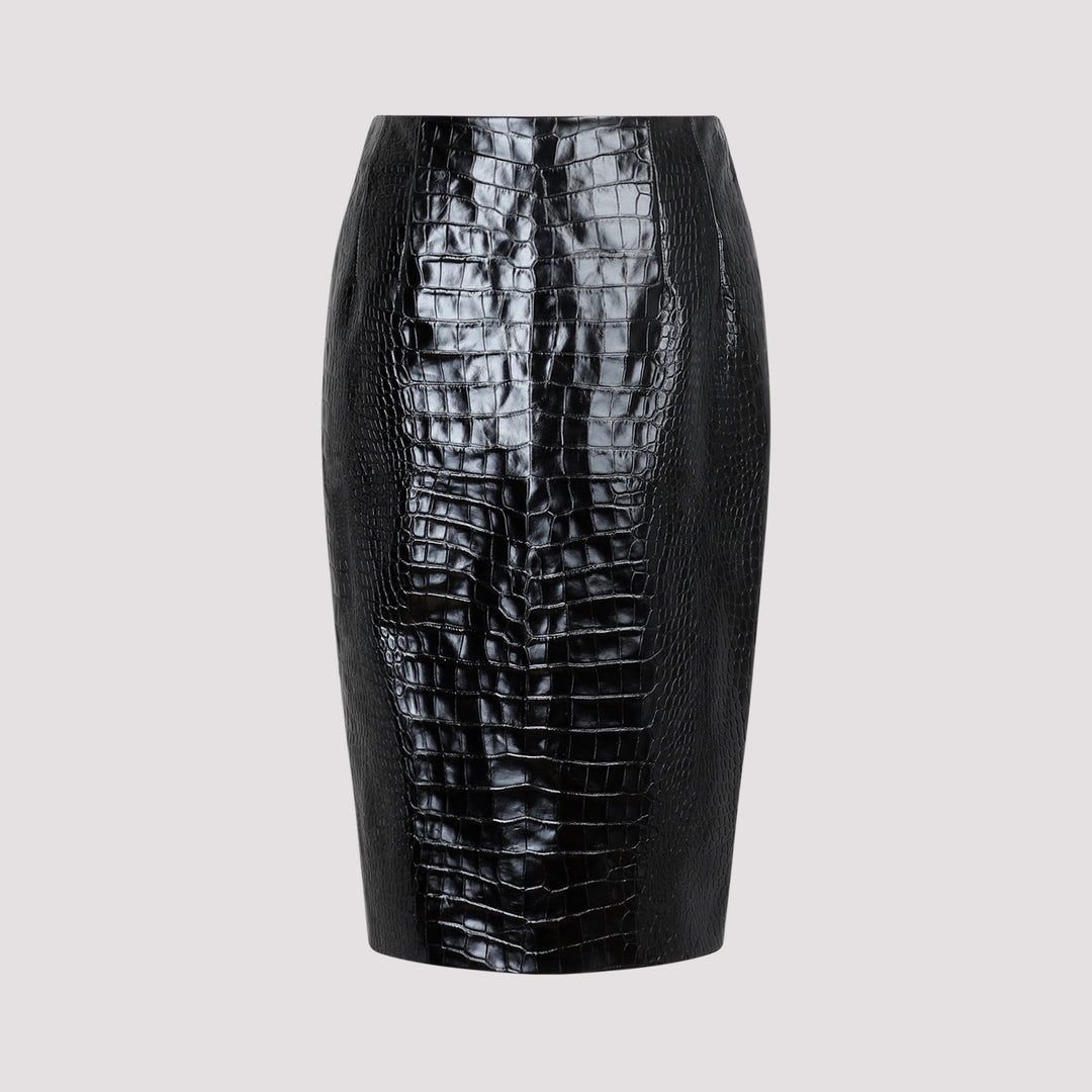 Black Crocodile Print Embossed Leather Skirt-0