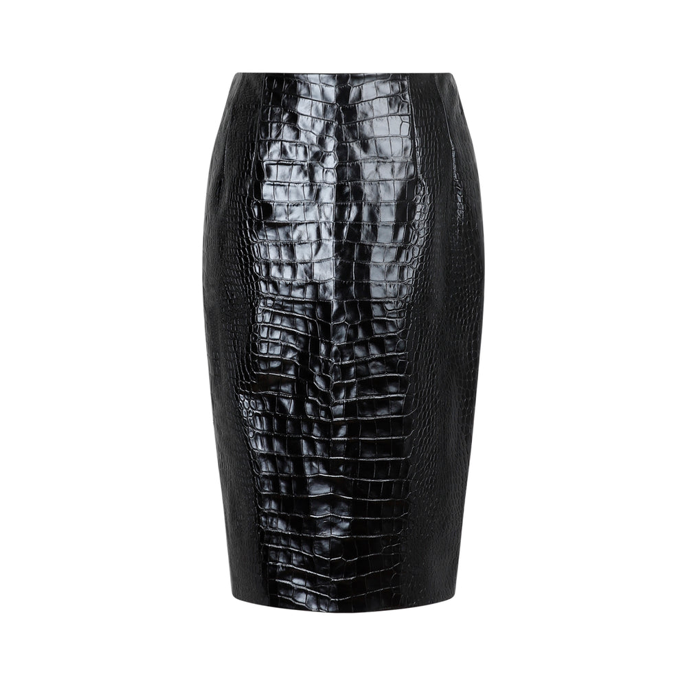 Black Crocodile Print Embossed Leather Skirt-1