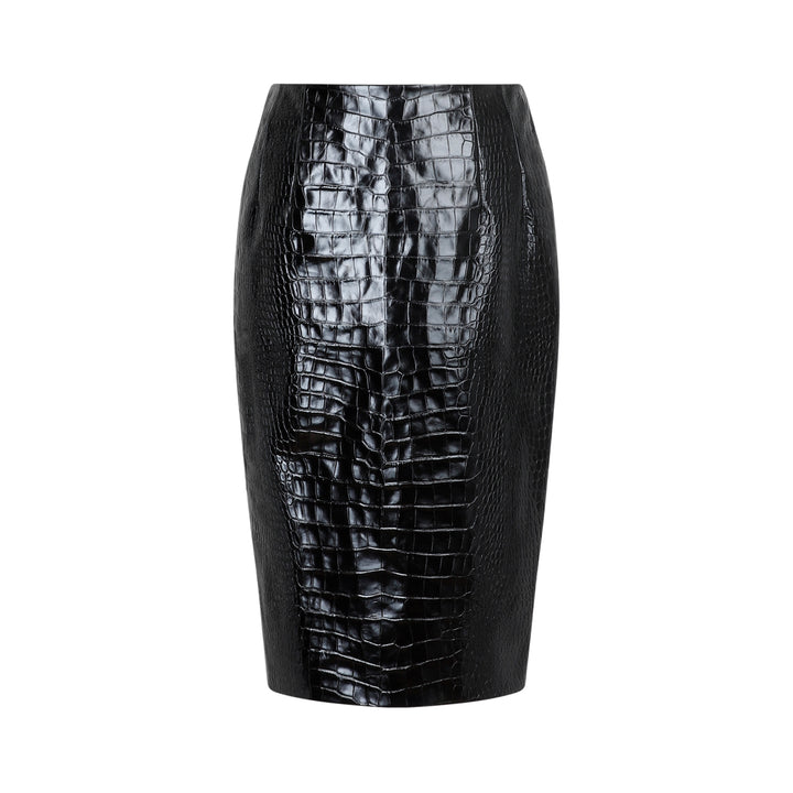 Black Crocodile Print Embossed Leather Skirt-1