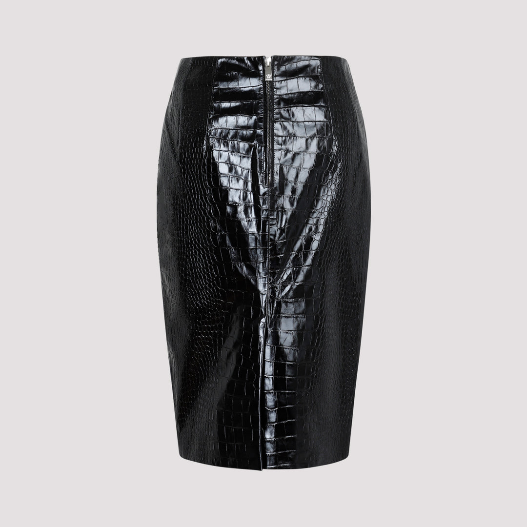 Black Crocodile Print Embossed Leather Skirt-3