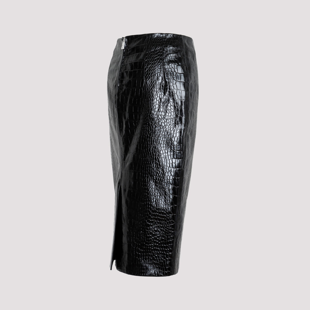 Black Crocodile Print Embossed Leather Skirt-4