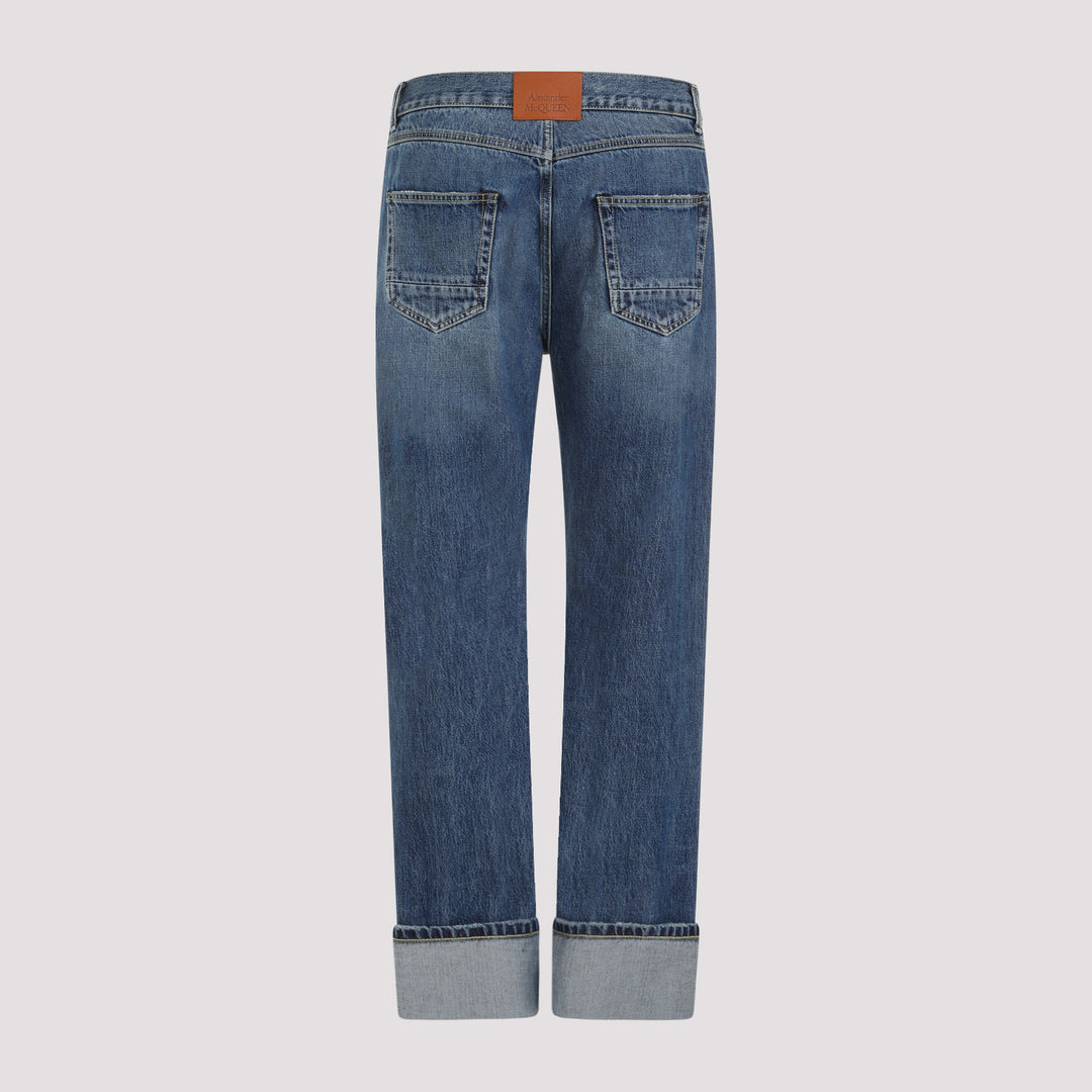 Blue Washed Cotton Turn Up Jeans-3