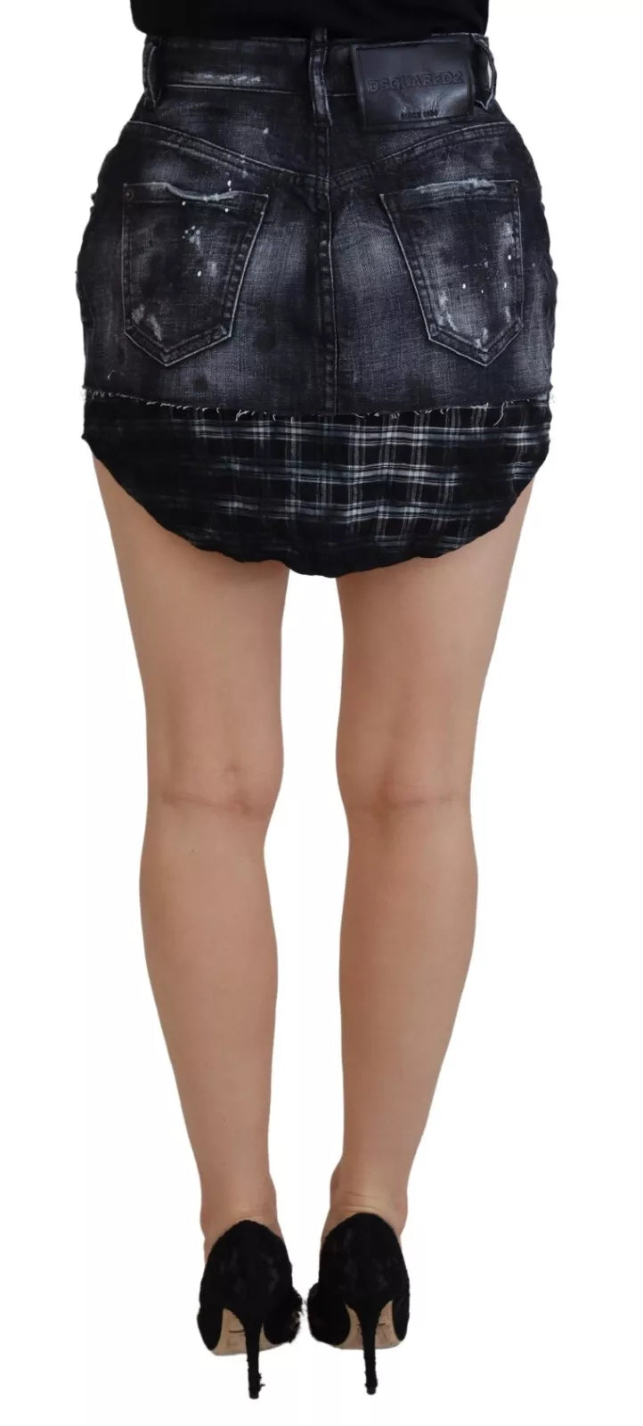Black Checkered High Waist A-line Denim Mini Skirt