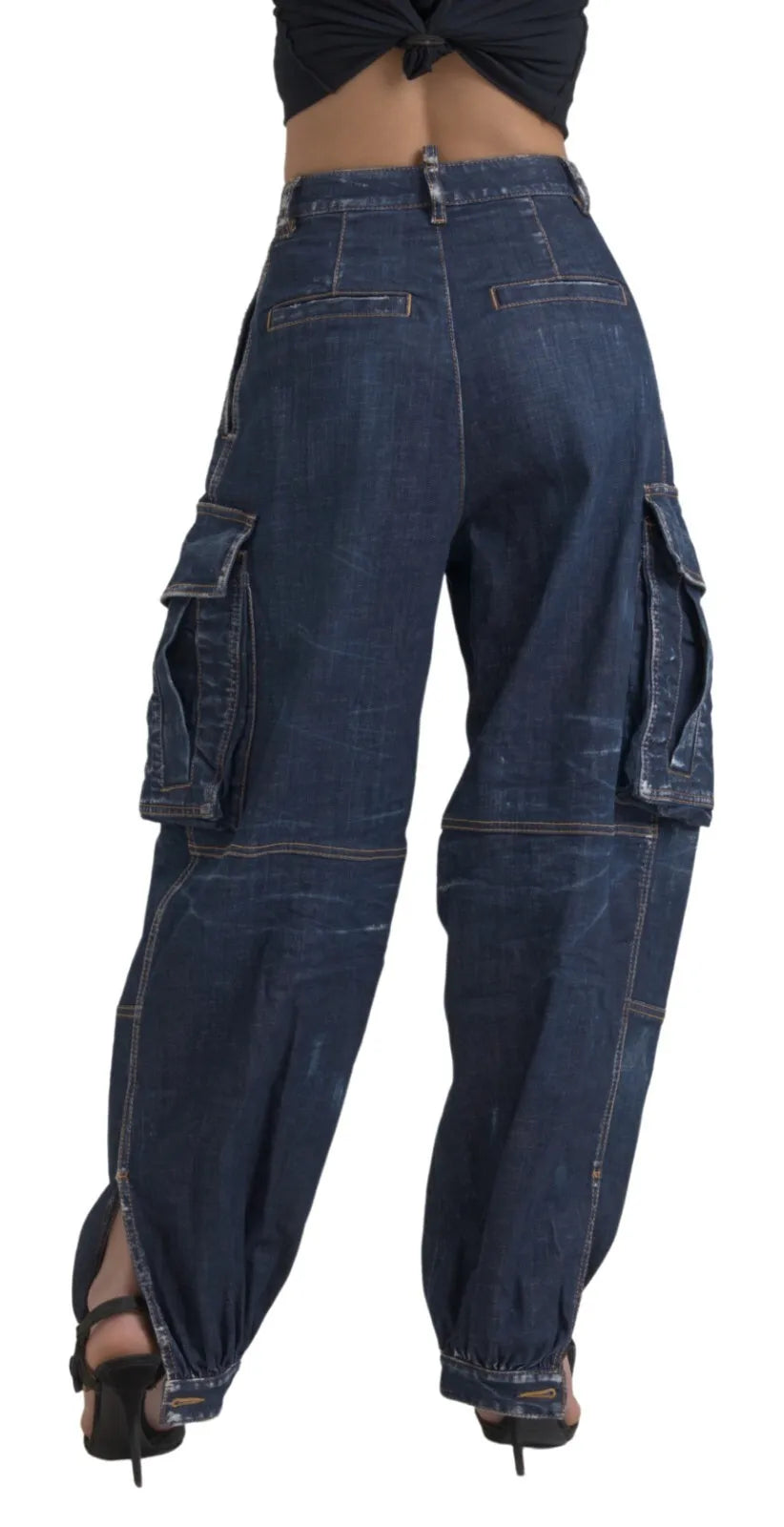 Blue High Waist Cotton Cargo Baggy Denim Jeans