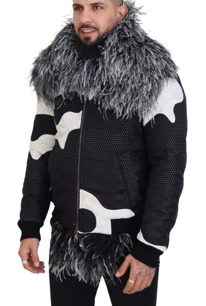 Elegant Shearling Zip Jacket in Black & White