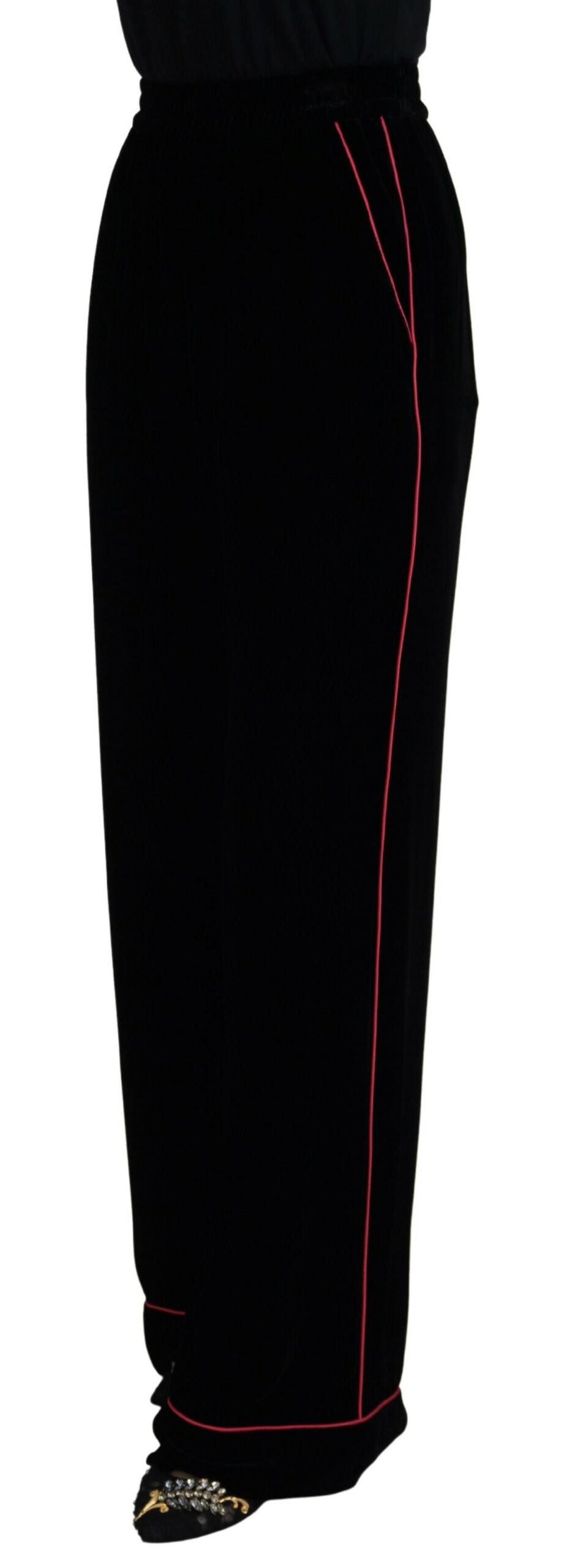 Sleek Black Velvet High-Waist Pants with Pink Stripes