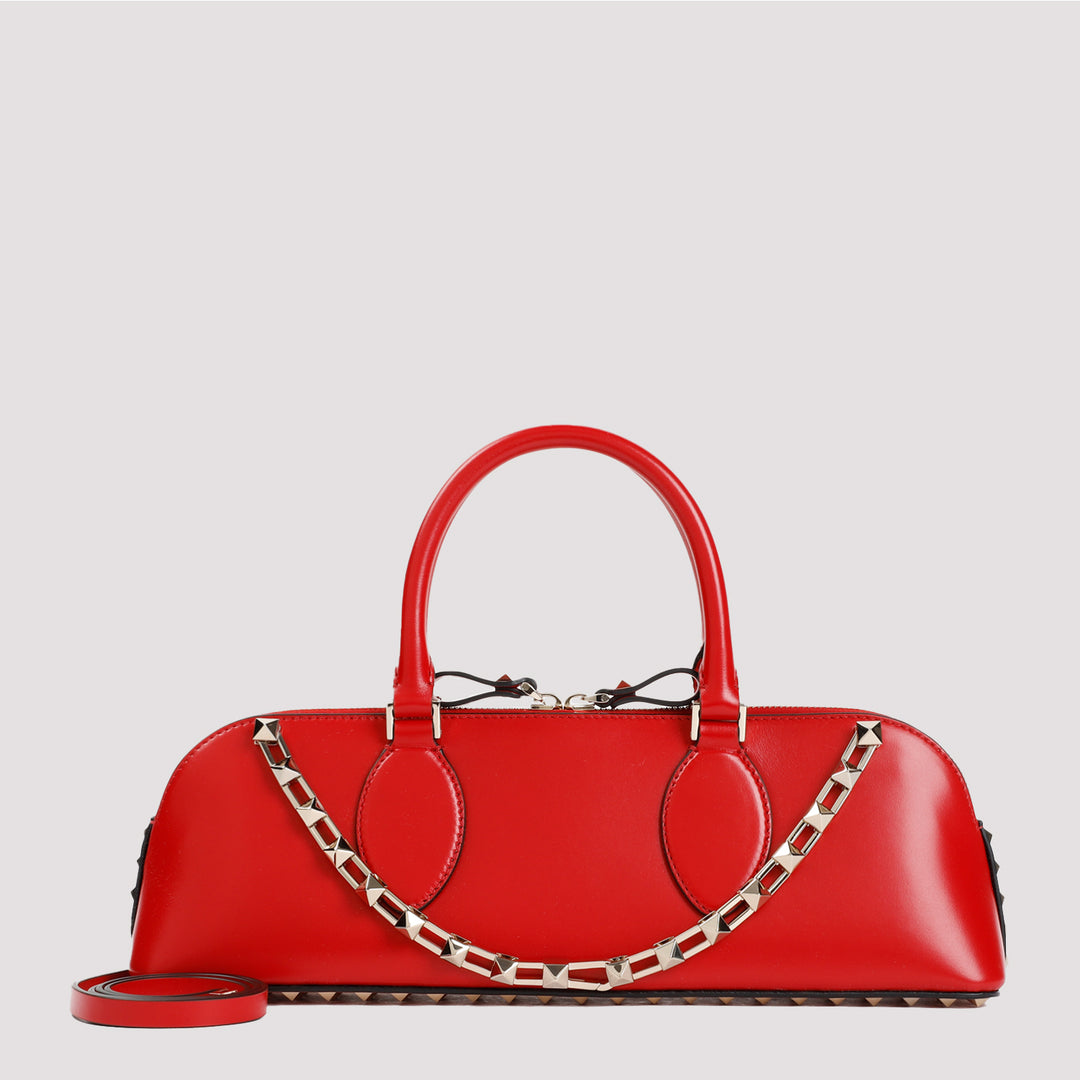 Red Duffle Rockstud Calf Leather Handbag-6