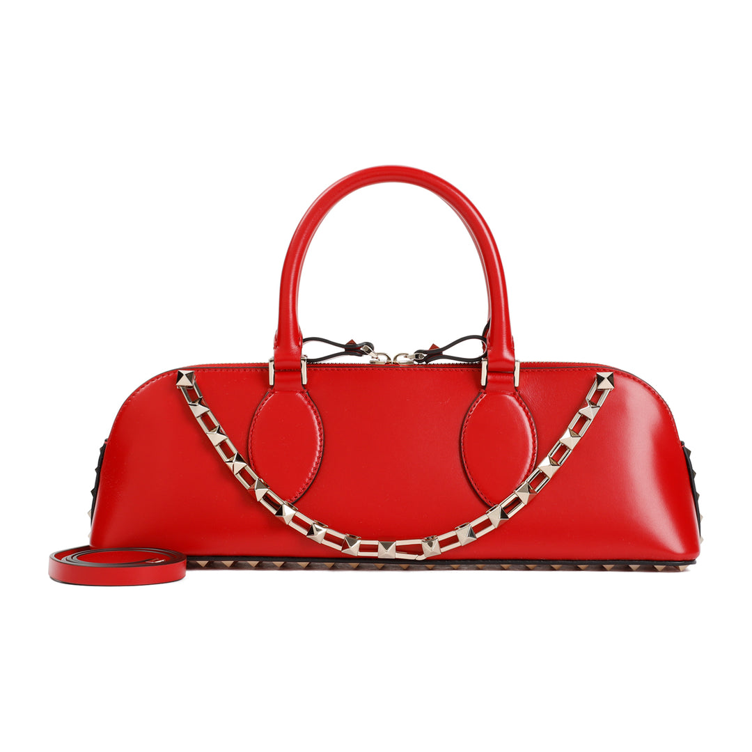 Red Duffle Rockstud Calf Leather Handbag-7