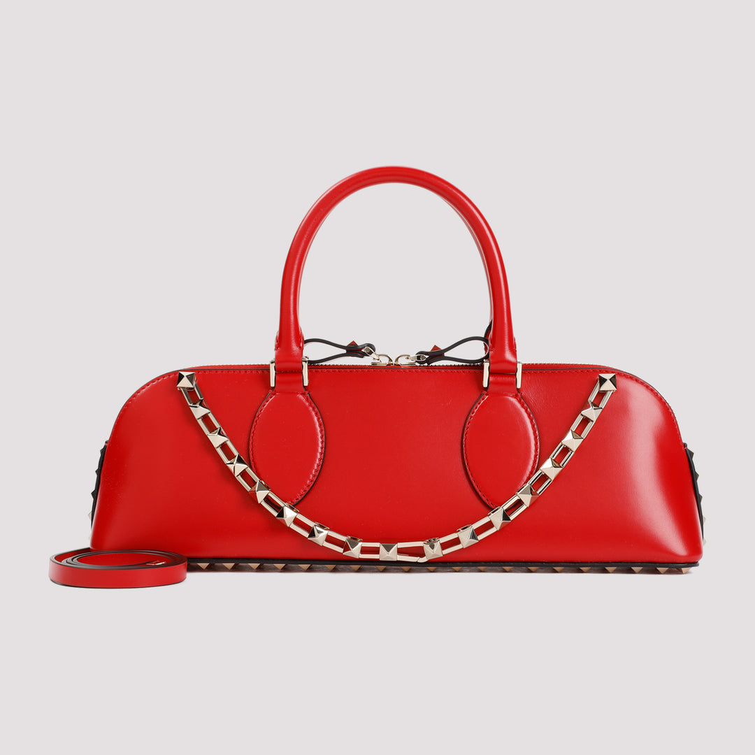 Red Duffle Rockstud Calf Leather Handbag-8