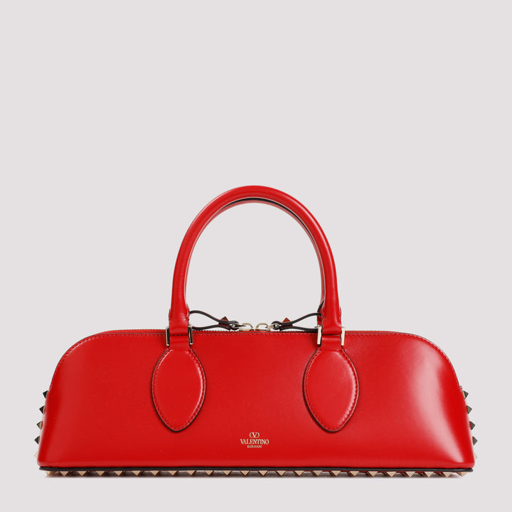 Red Duffle Rockstud Calf Leather Handbag-9