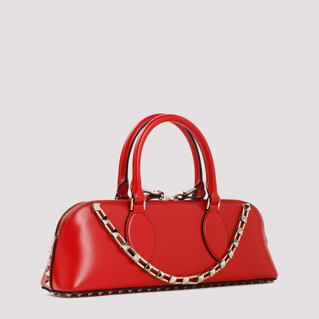 Red Duffle Rockstud Calf Leather Handbag-10