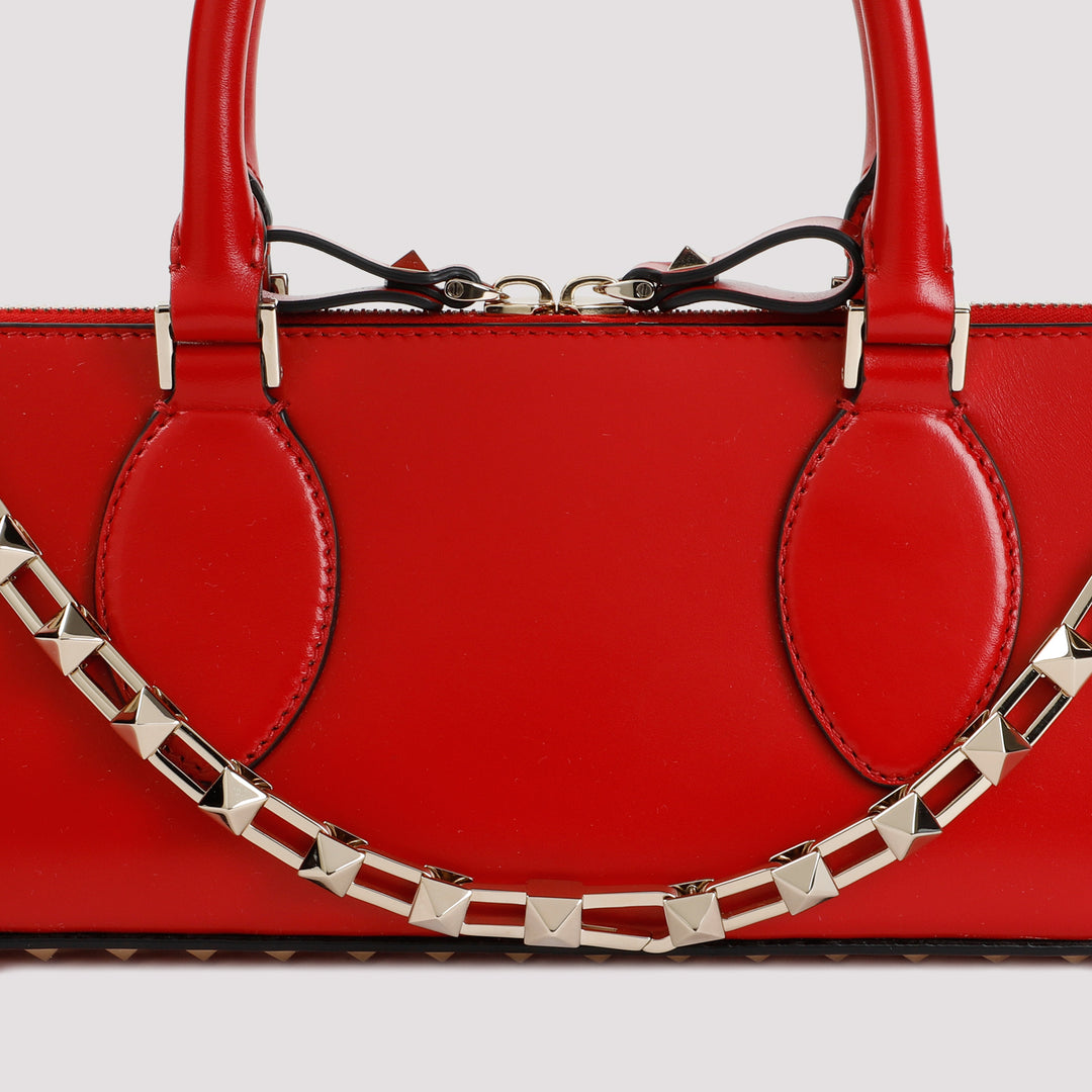 Red Duffle Rockstud Calf Leather Handbag-11