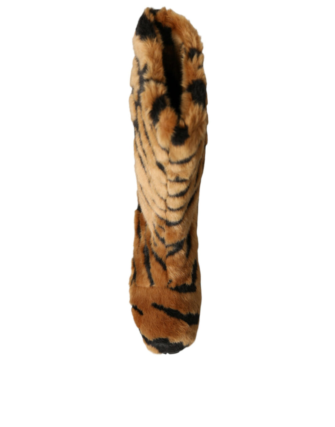 Brown Tiger Fur Leather Mid Calf Boots Shoes