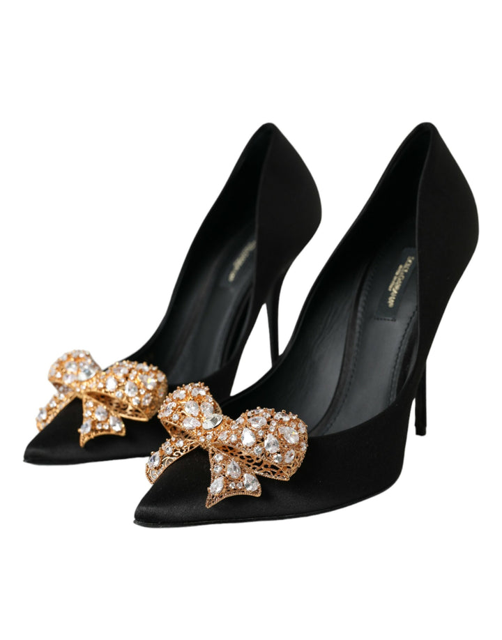 Black Satin Bow Embellished Heels Pumps Shoes