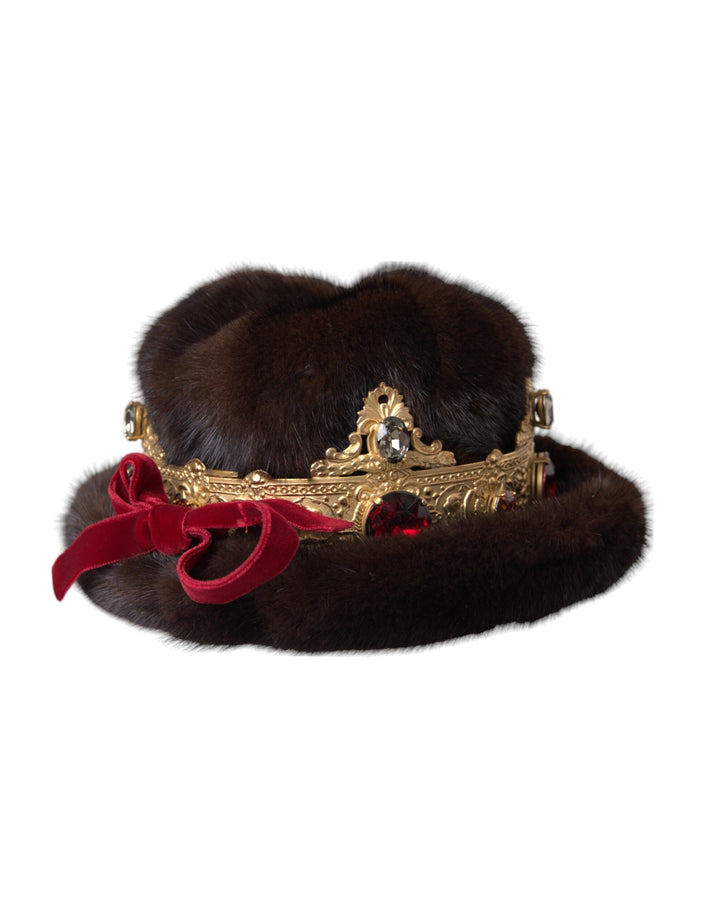 Dark Brown Mink Fur Gold Crystal Crown Hat