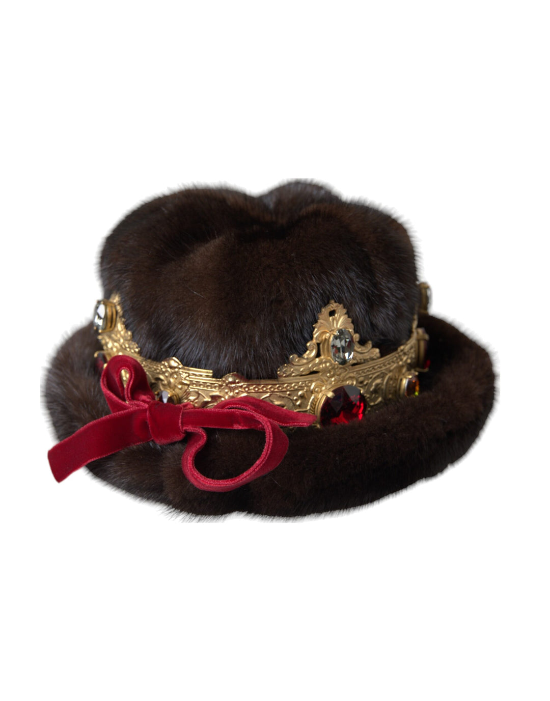 Dark Brown Mink Fur Gold Crystal Crown Hat