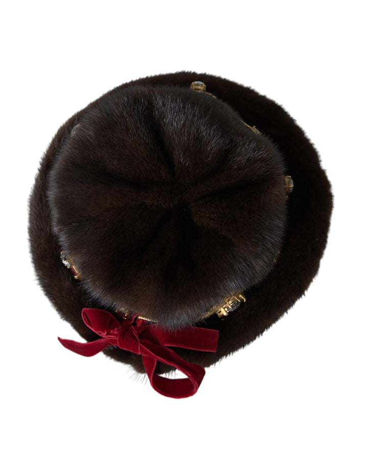 Dark Brown Mink Fur Gold Crystal Crown Hat