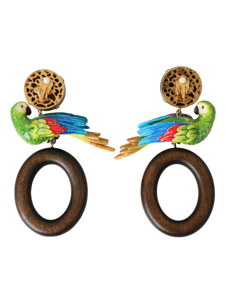 Multicolor Parrot Wood Brass Crystal Embellished Earrings