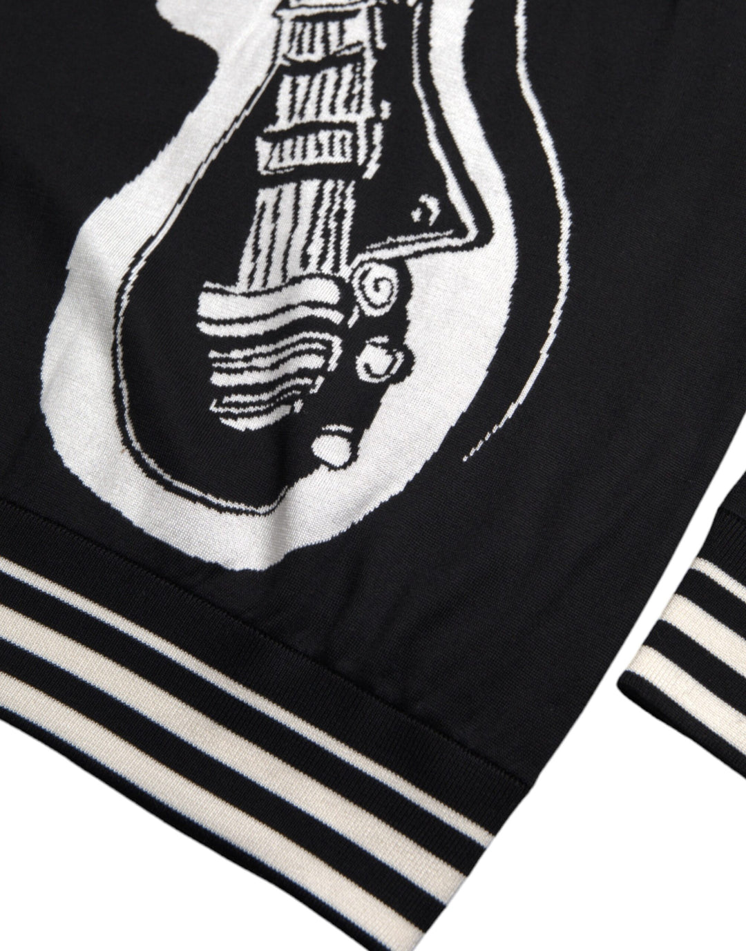 Black White Guitar Print Silk Pullover Sweater