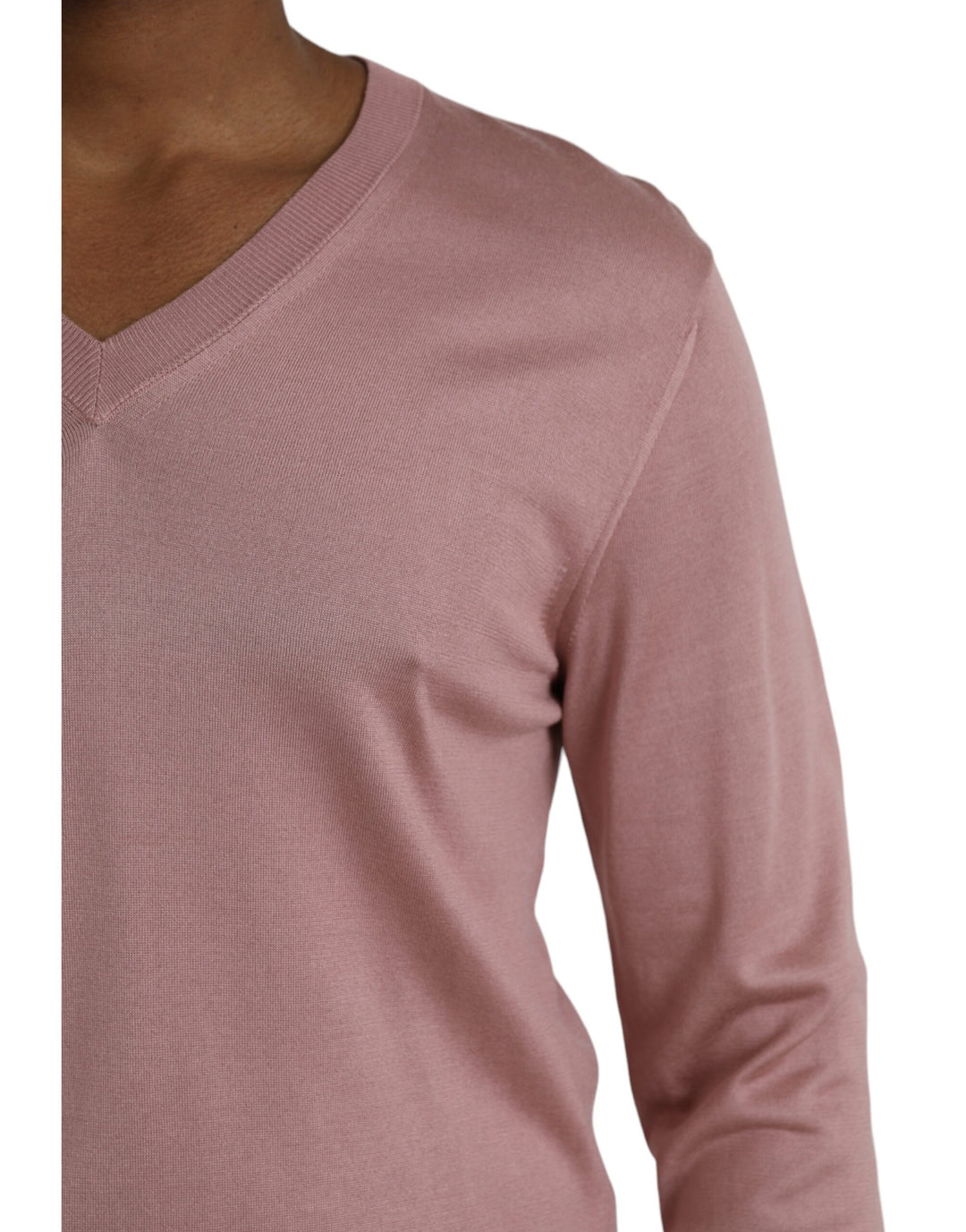 Pink Silk V-neck Long Sleeve Pullover Sweater