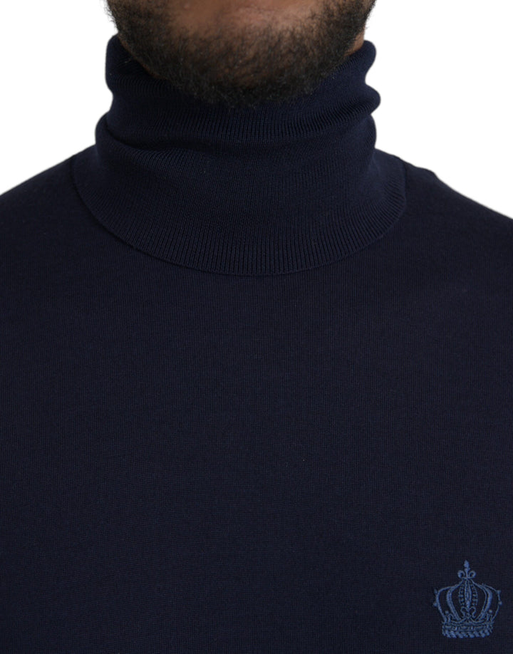 Blue Wool Crown Turtleneck Pullover Sweater