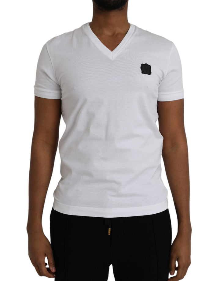 White Cotton Logo Plaque V-neck Men T-shirt