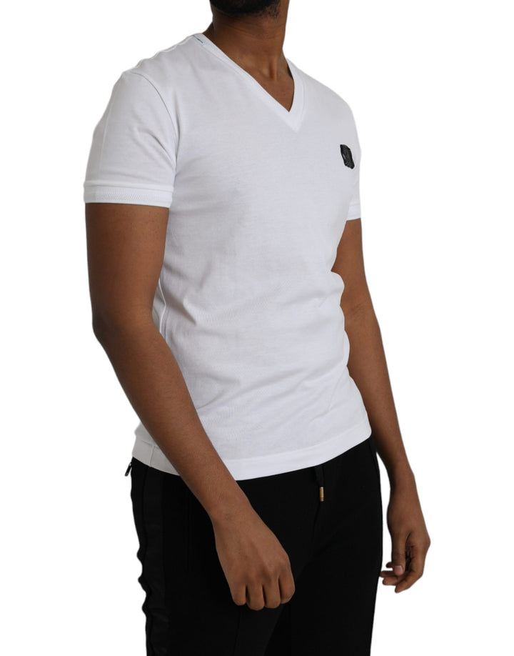 White Cotton Logo Plaque V-neck Men T-shirt