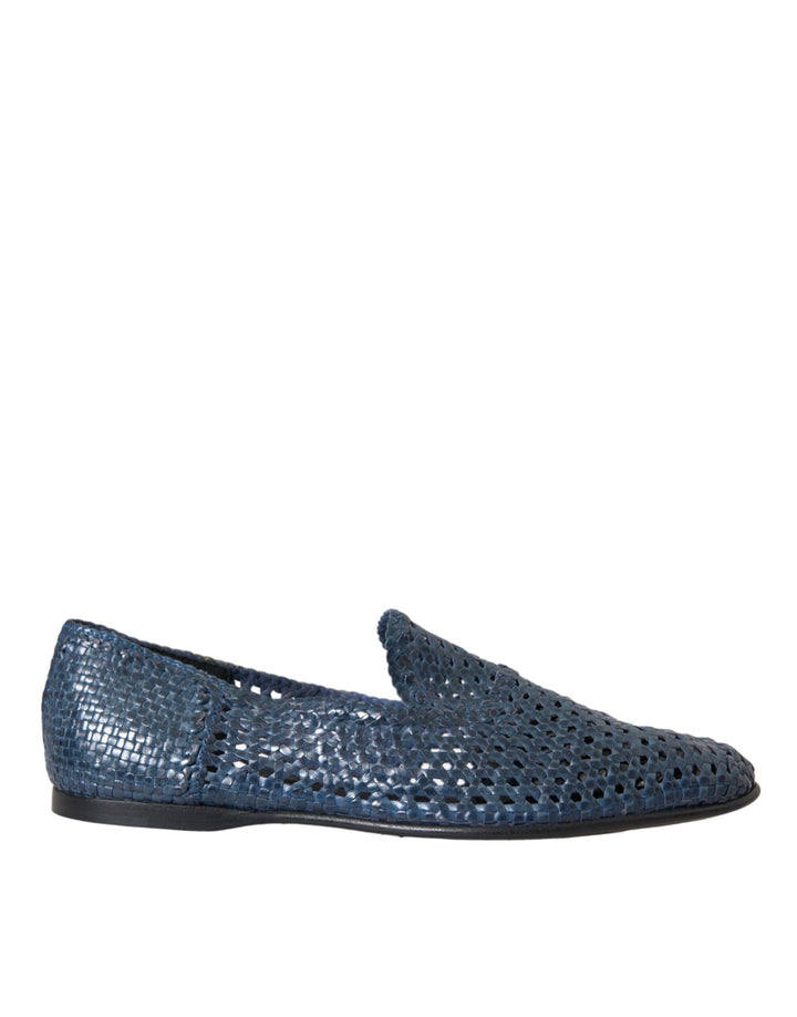 Blue Woven Leather Slip On Loafers Men Shoes