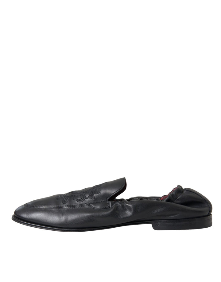 Black Logo Embroidered Leather Loafer Men Dress Shoes