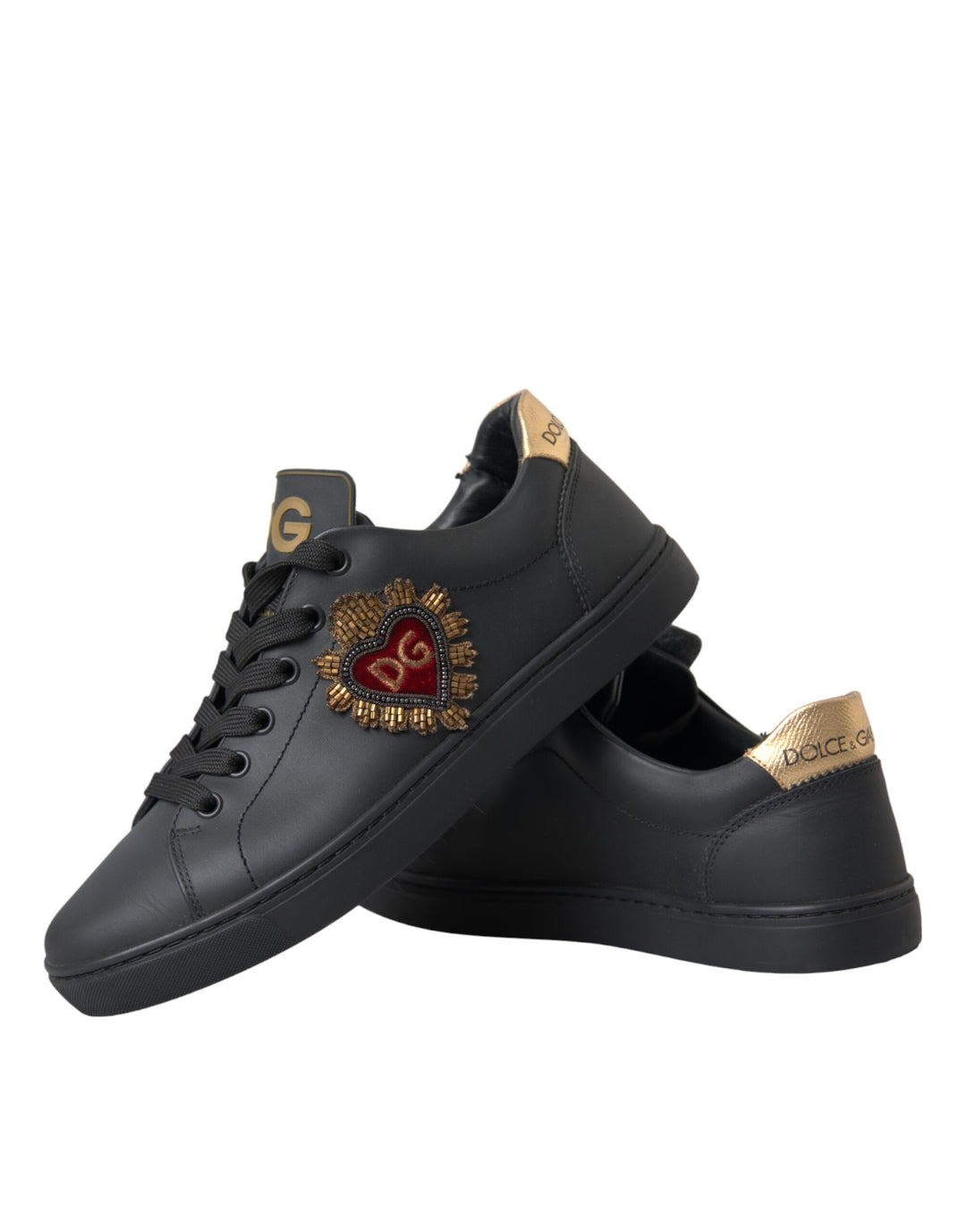 Black Leather Heart Embellished Sneakers Shoes