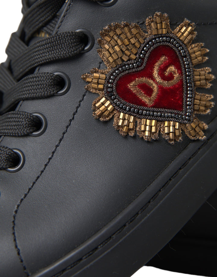 Black Leather Heart Embellished Sneakers Shoes