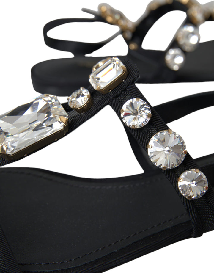 Black Leather Crystal Flats Sandals Shoes