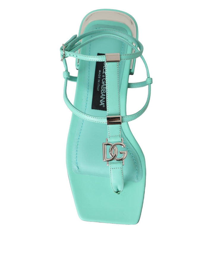 Aqua Green Leather Ankle Strap Flats Sandals Shoes