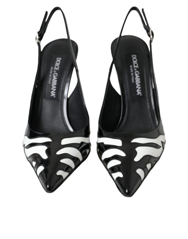 Black White Zebra Leather Slingback Shoes