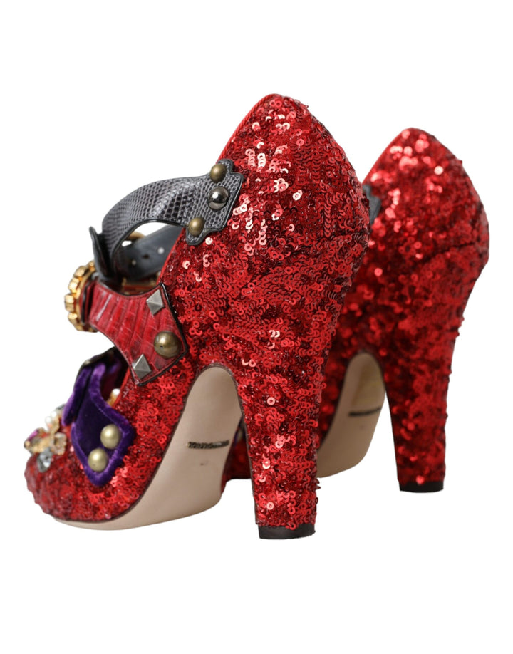 Red Sequined Crystal Mary Janes Pumps Shoes