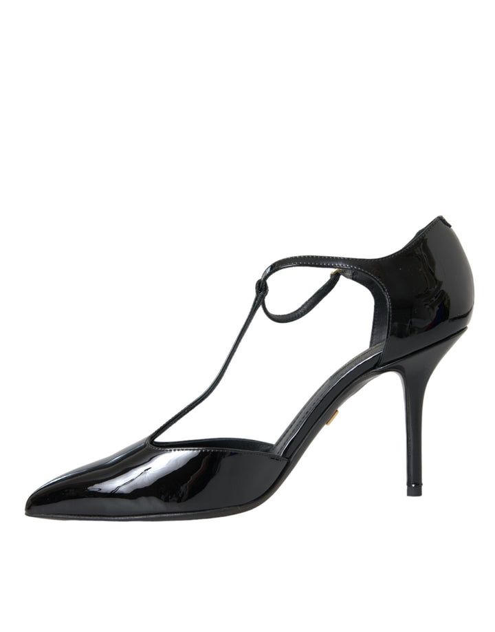 Black Patent Leather T-strap Heel Pumps Shoes