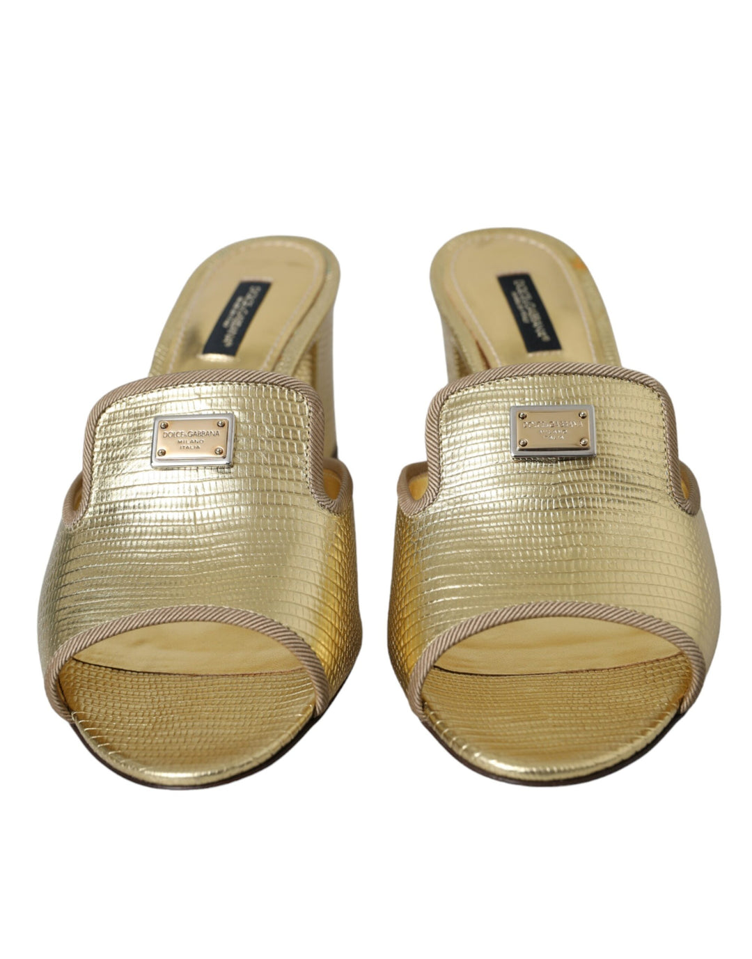 Gold Leather Slides Heels Sandals Shoes